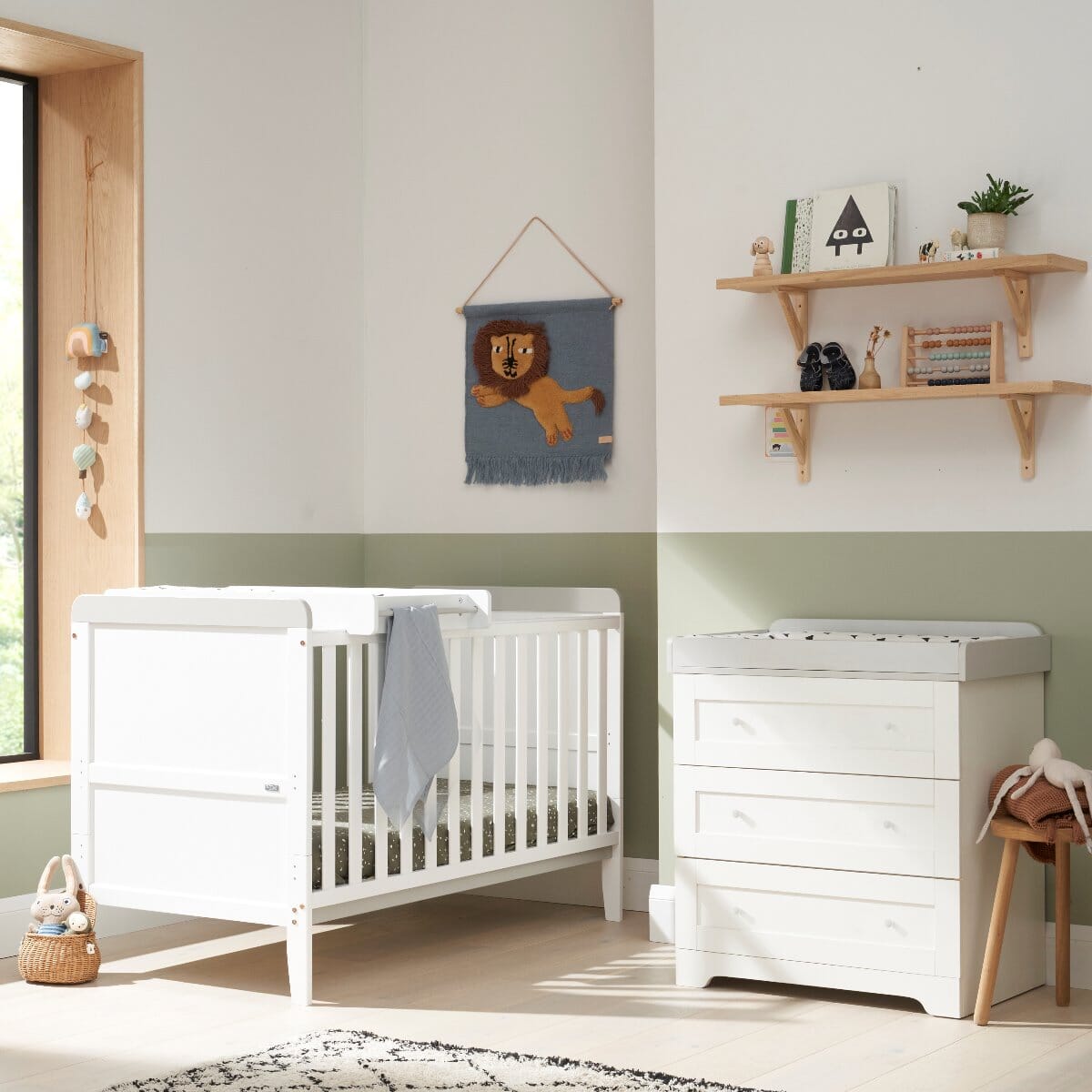Rio Cot Bed and Chest Changer in White and Dove Grey – cot bed with adjustable height and removable side, paired with a matching chest changer with spacious drawers for nursery storage