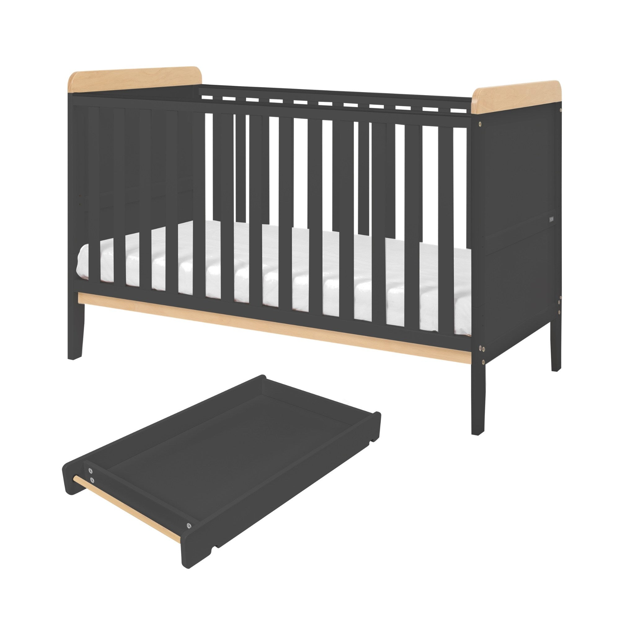 Rio Cot Bed with cot top changer in slate grey and honey oak, combining compact design with everyday practicality.
