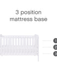 Front-facing view of the Rio Cot Bed in white with graphics showing the adjustable 3-position mattress base for added comfort and accessibility.