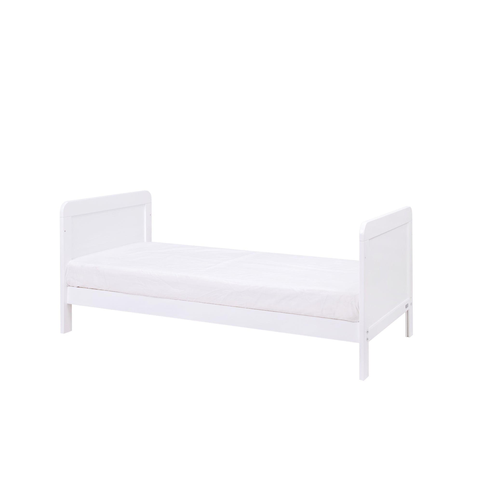 Side view of the Rio Cot Bed in white converted into a toddler bed suitable for children from 2 to 6 years.