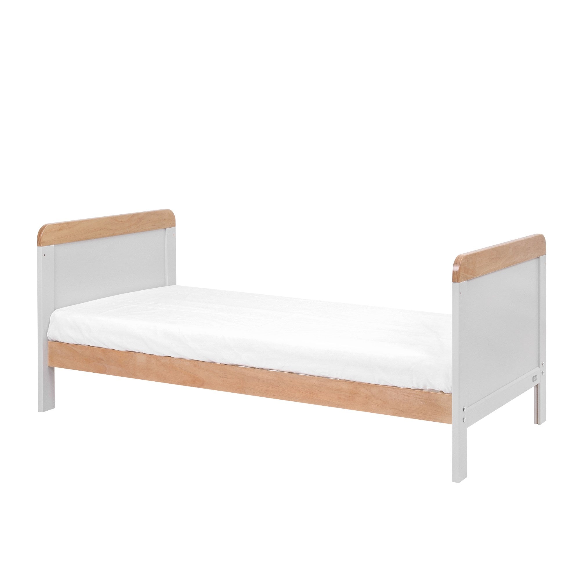 Front angle view of the Rio Cot Bed in Dove Grey/Oak converted into a toddler bed, showing solid wooden frame and low height suitable for children.