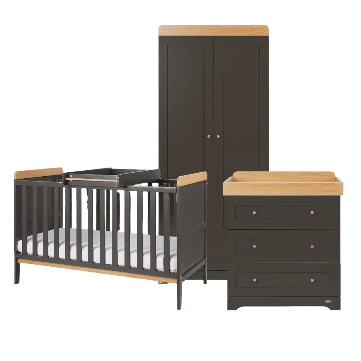 Product shot of the Rio three-piece room set in Honey Oak and Slate Grey including the cot bed with cot top changer, two-door wardrobe with soft-close doors, and chest changer with three spacious drawers and a removable changing top.