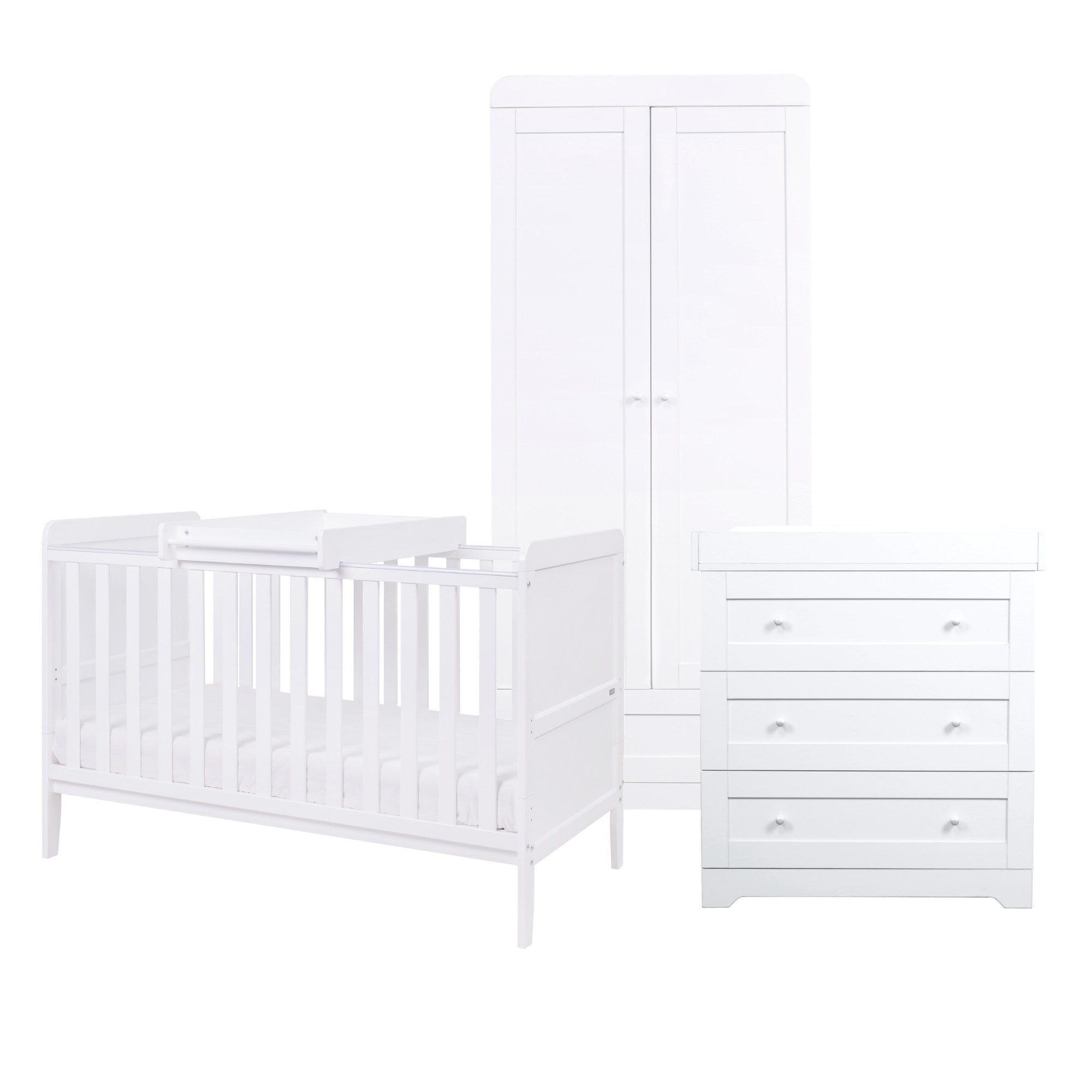 Front view of the Rio three-piece nursery furniture set in white, featuring a cot bed, wardrobe, and chest changer with clean lines and coordinated design.