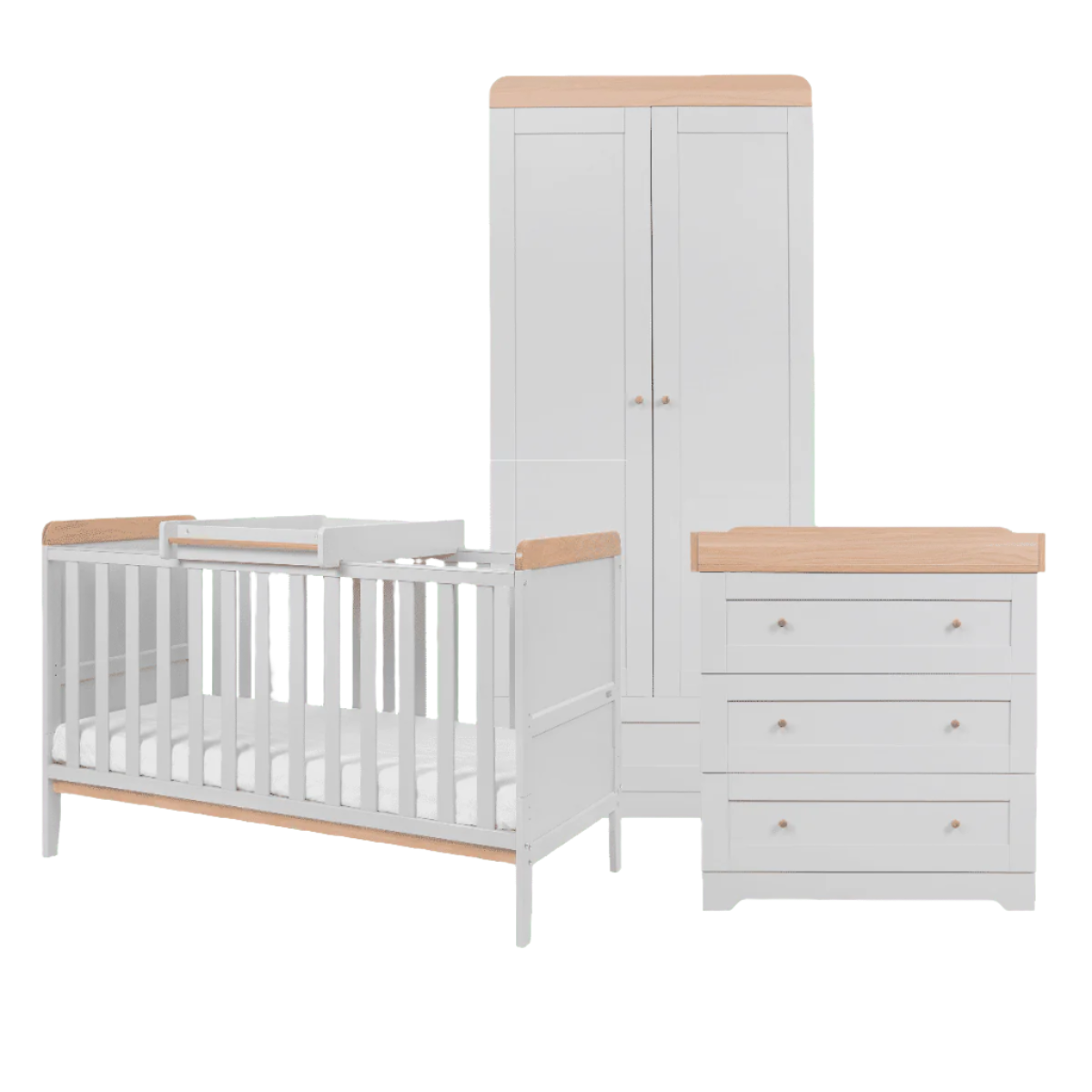Front-facing view of the Rio three-piece room set in Honey Oak and Dove Grey on a white background, featuring a cot bed with top changer, a double wardrobe, and a chest changer with three spacious drawers.