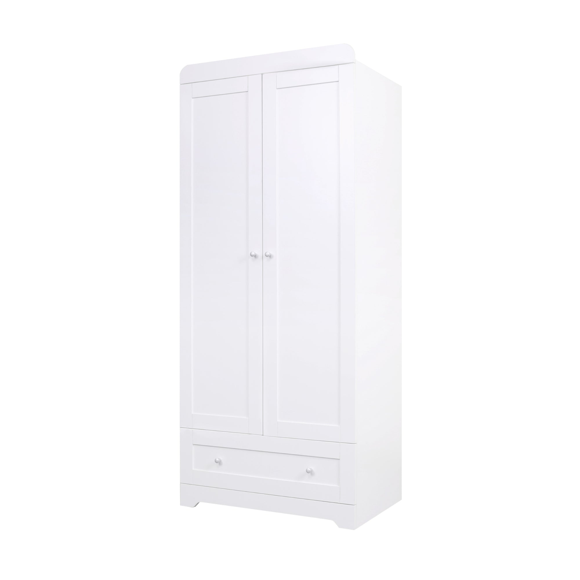 Angled front view of Rio Wardrobe in White on white background showing modern design with dual doors and functional storage drawer.
