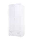 Angled front view of Rio Wardrobe in White on white background showing modern design with dual doors and functional storage drawer.