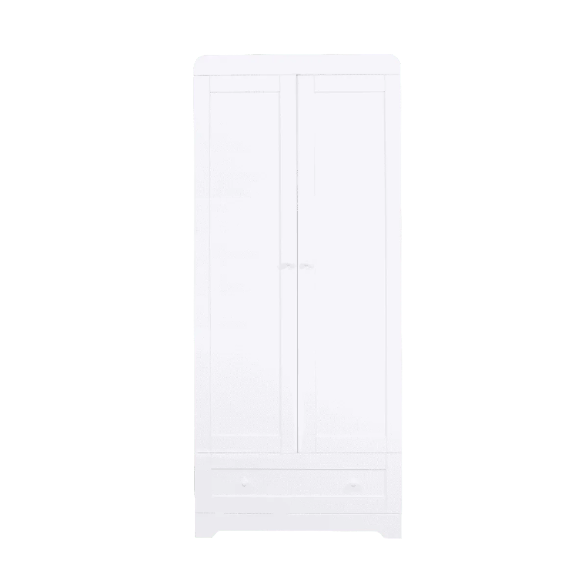 Front view of Rio Wardrobe in White with closed double doors and lower drawer, showcasing clean design and storage functionality.