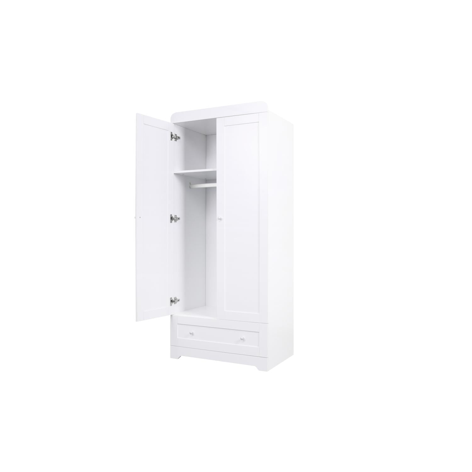 Angled open view of Rio Wardrobe in White showing internal shelf, hanging rail, and spacious bottom drawer for organised nursery storage.
