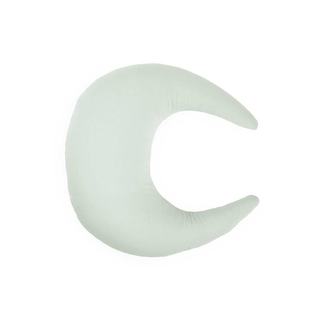 Crescent-shaped SMO nursing pillow in sage, featuring soft organic cotton texture