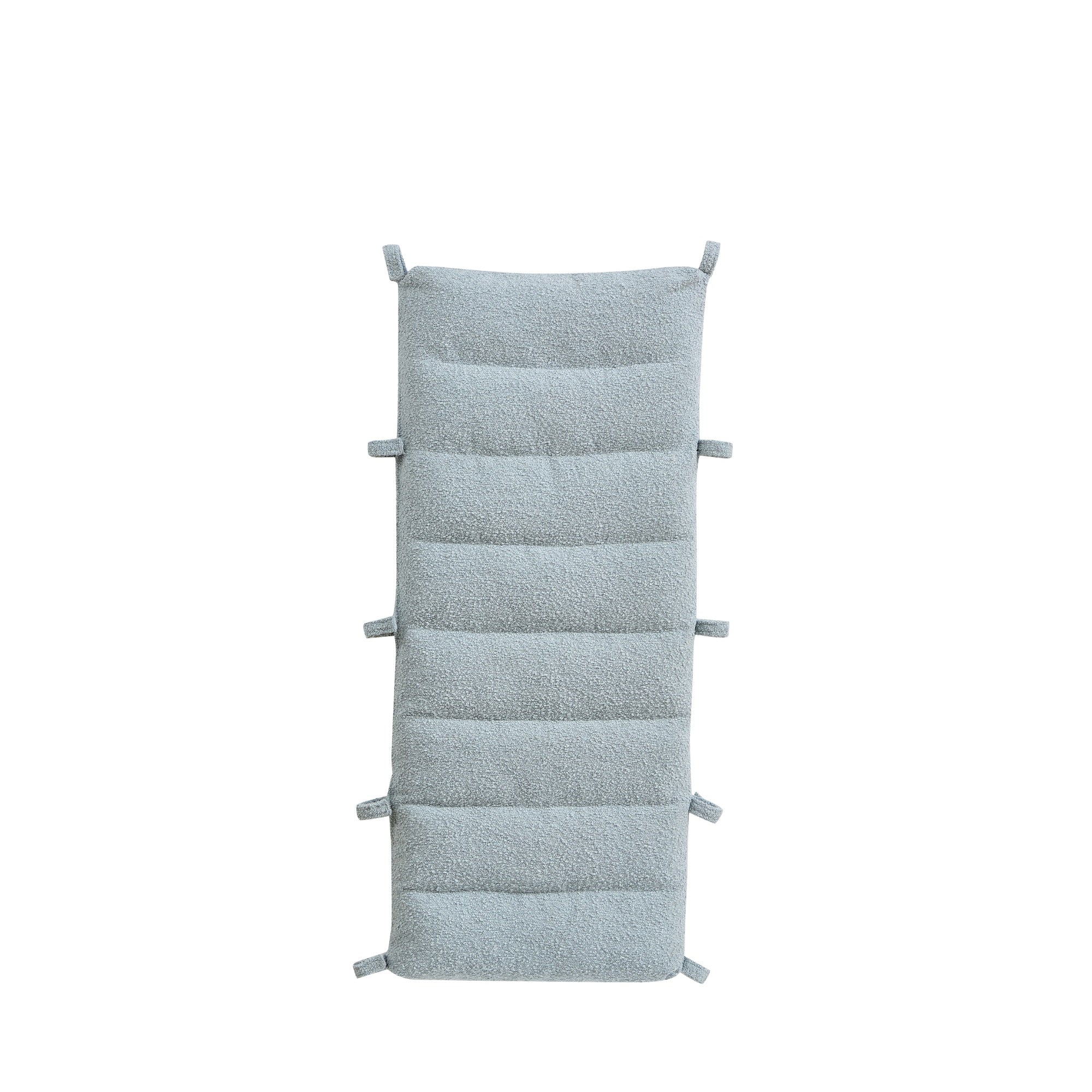 Cutout of the Scala Pikler cushion in boucle ocean stone, showing soft quilting and tie loops for secure, fuss-free attachment