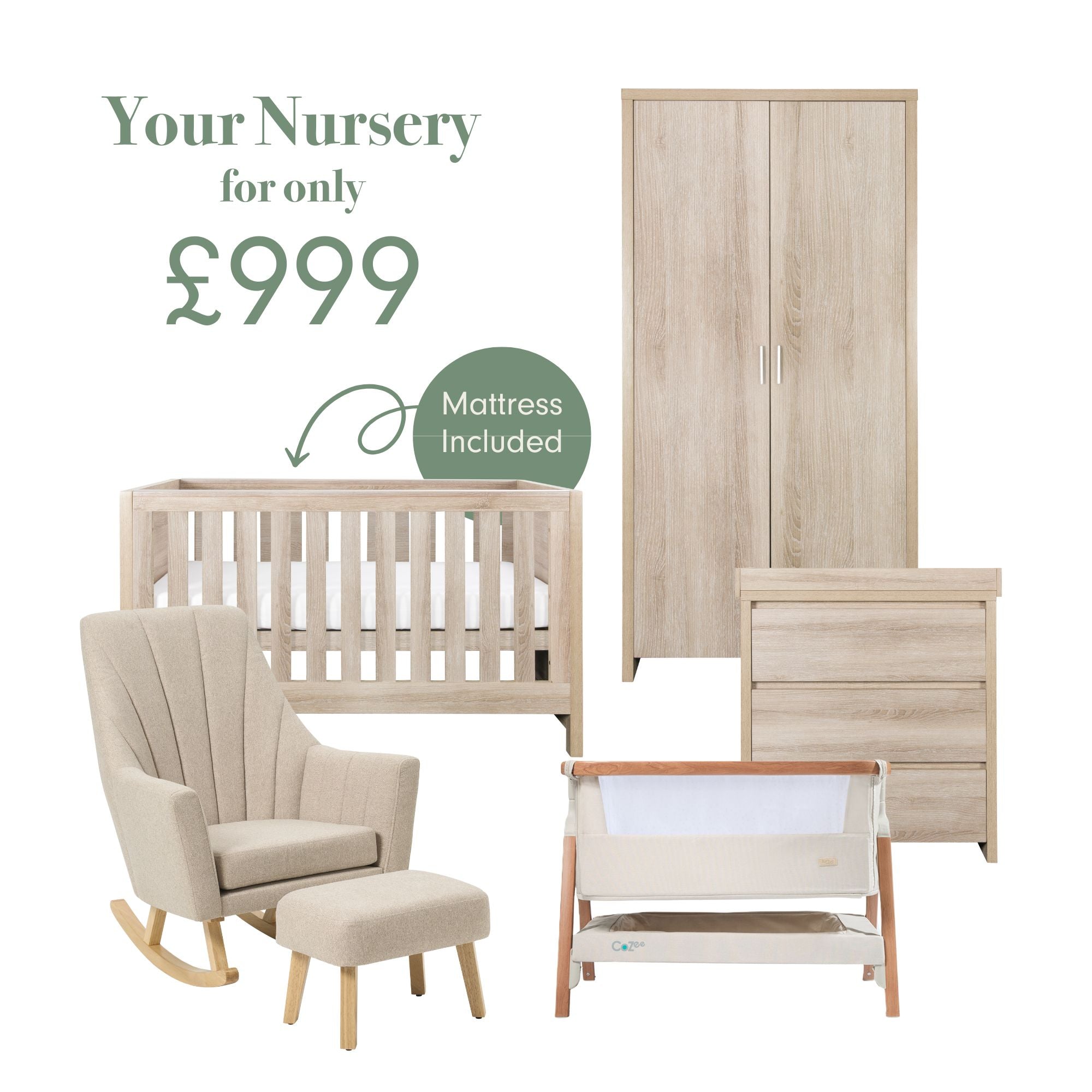 Modena Nursery Bundle With CoZee Bedside Crib (6 Piece)