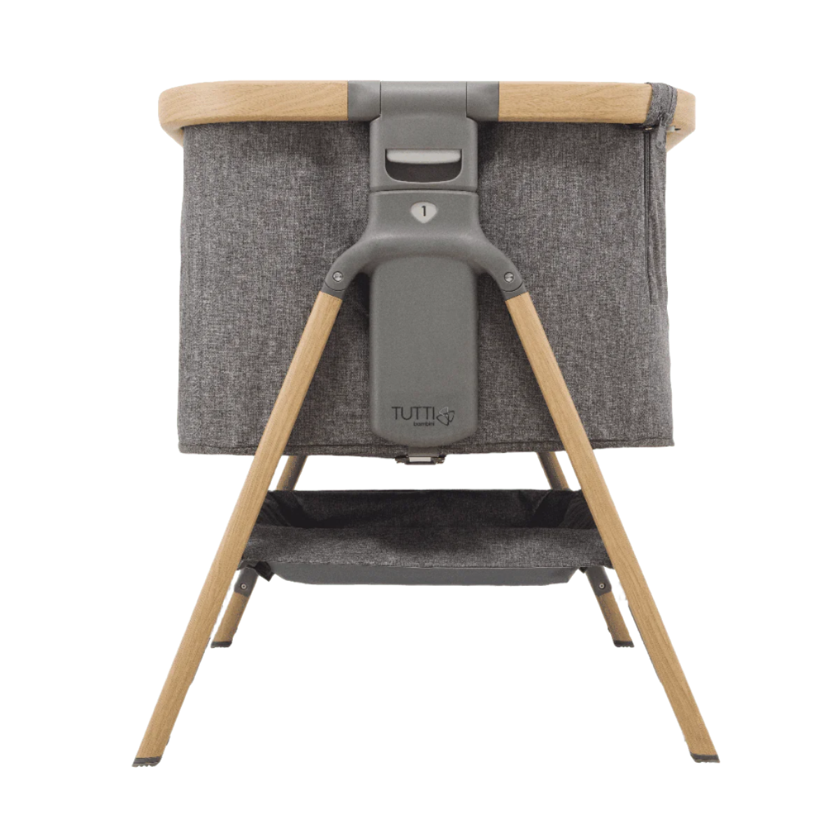 Side view of CoZee Bedside Crib in Oak and Charcoal