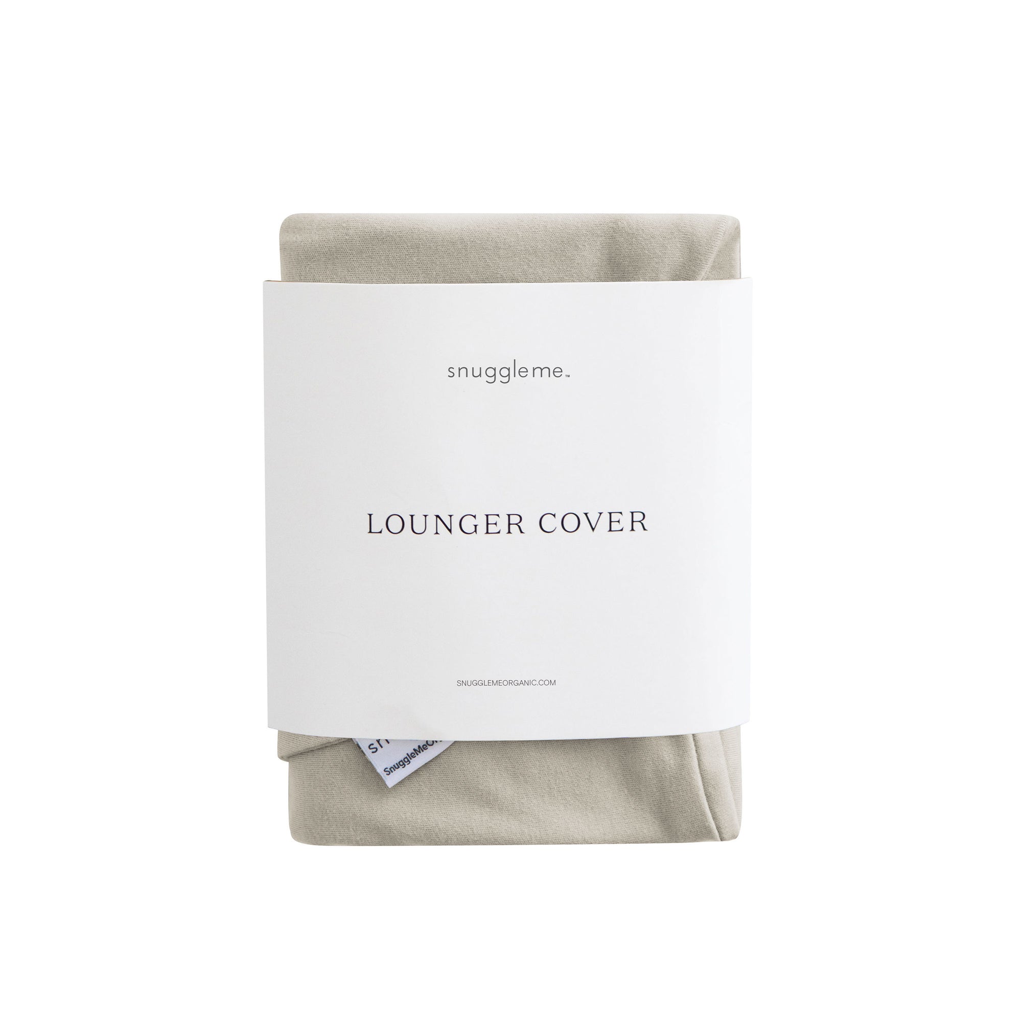 Snuggle Me lounger cover in birch β cutout view of neatly folded organic fabric in minimalist white packaging sleeve