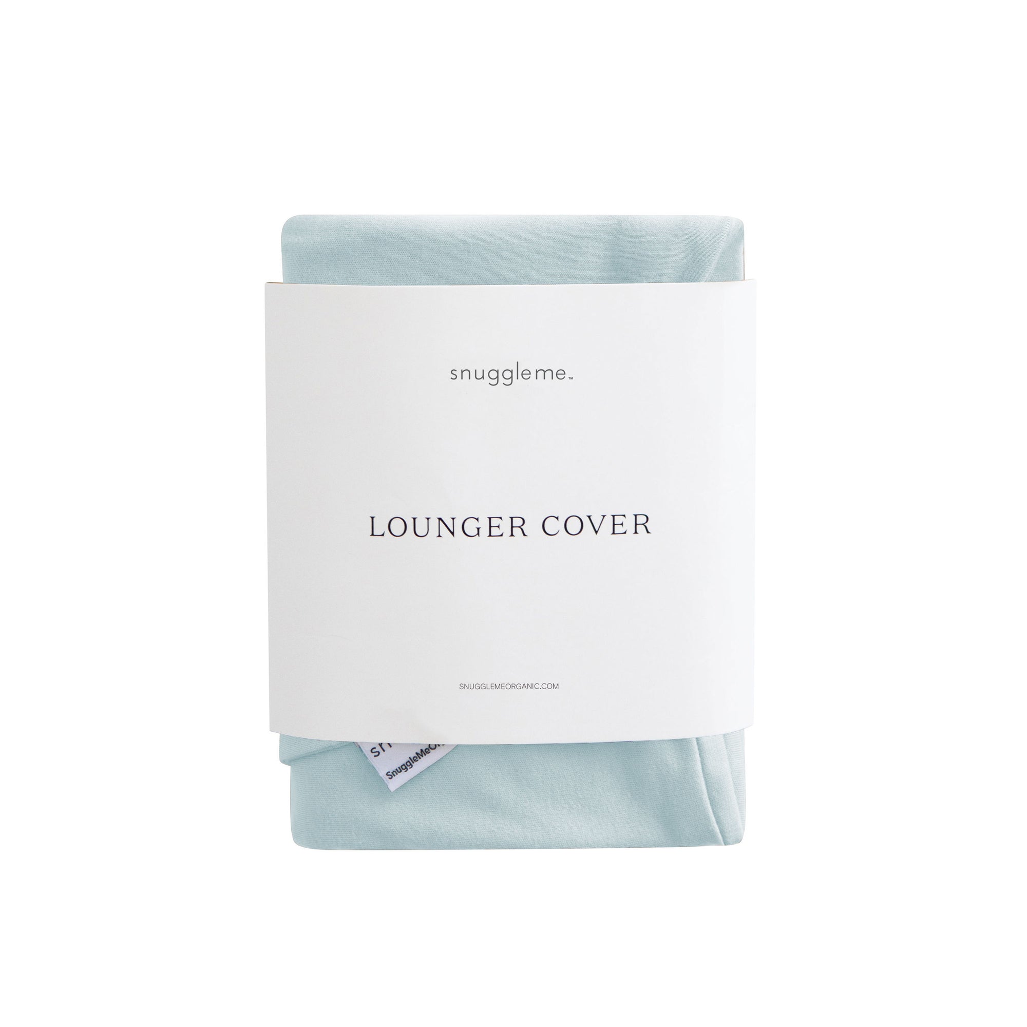 Snuggle Me lounger cover in Bluebell – cutout view with minimal white sleeve packaging and soft pastel blue organic cotton