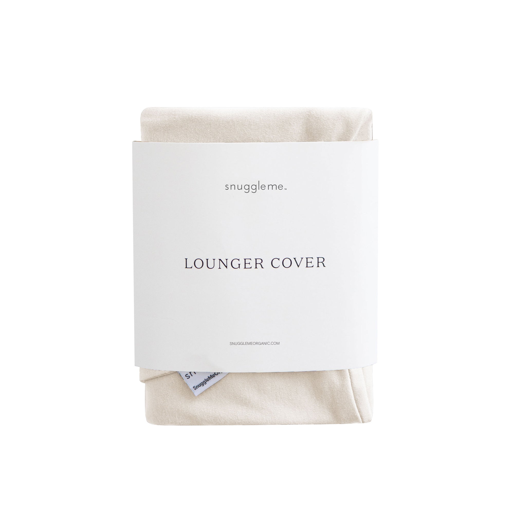 Snuggle Me lounger cover in Natural β cutout view of folded organic cotton in minimal white sleeve packaging with stitched label