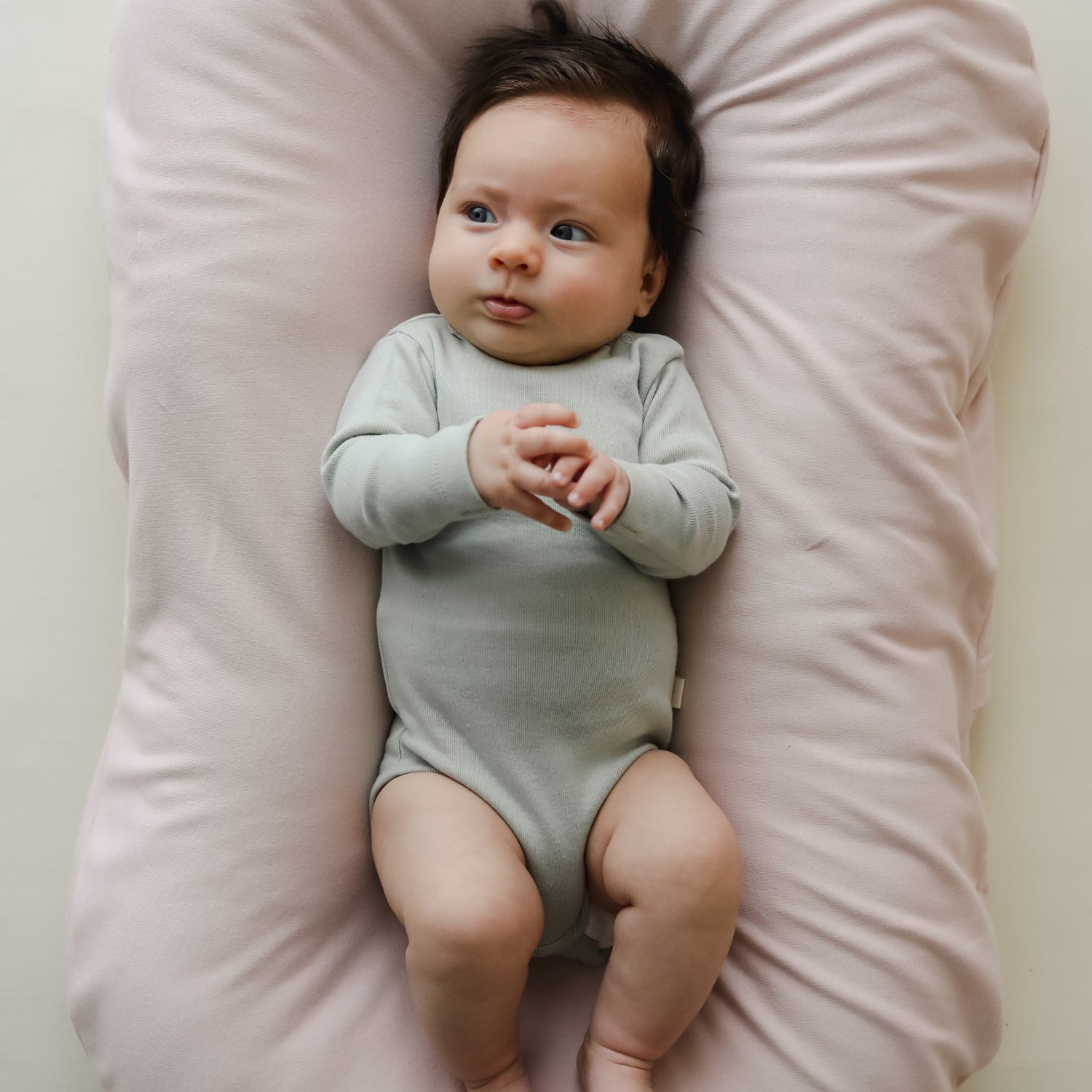 Baby lying comfortably in the Snuggle Me lounger fitted with the Petal cover, contoured design that gently cradles the baby for a soothing feel.