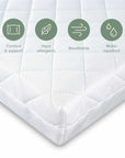 Quilted sprung mattress corner with icons highlighting comfort and support, hypoallergenic materials, breathable design and water-repellent cover.