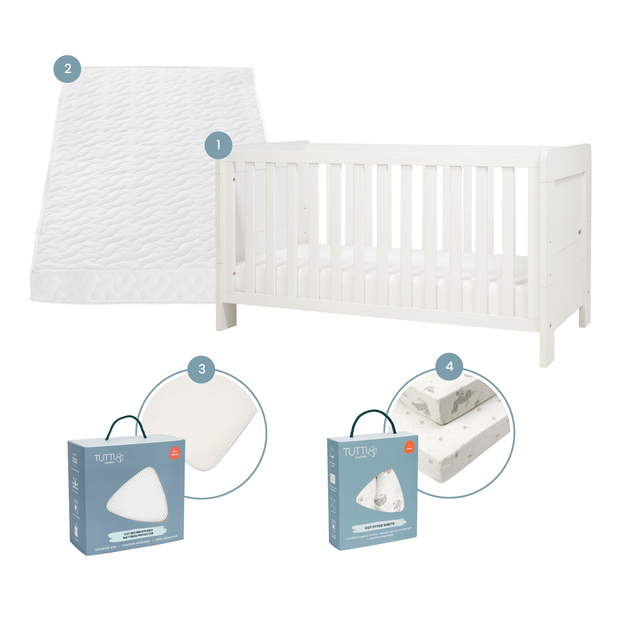 Supreme Alba Mini Cot Bed Mattress Bedding Bundle > featuring cot bed, mattress, mattress protector and fitted sheets