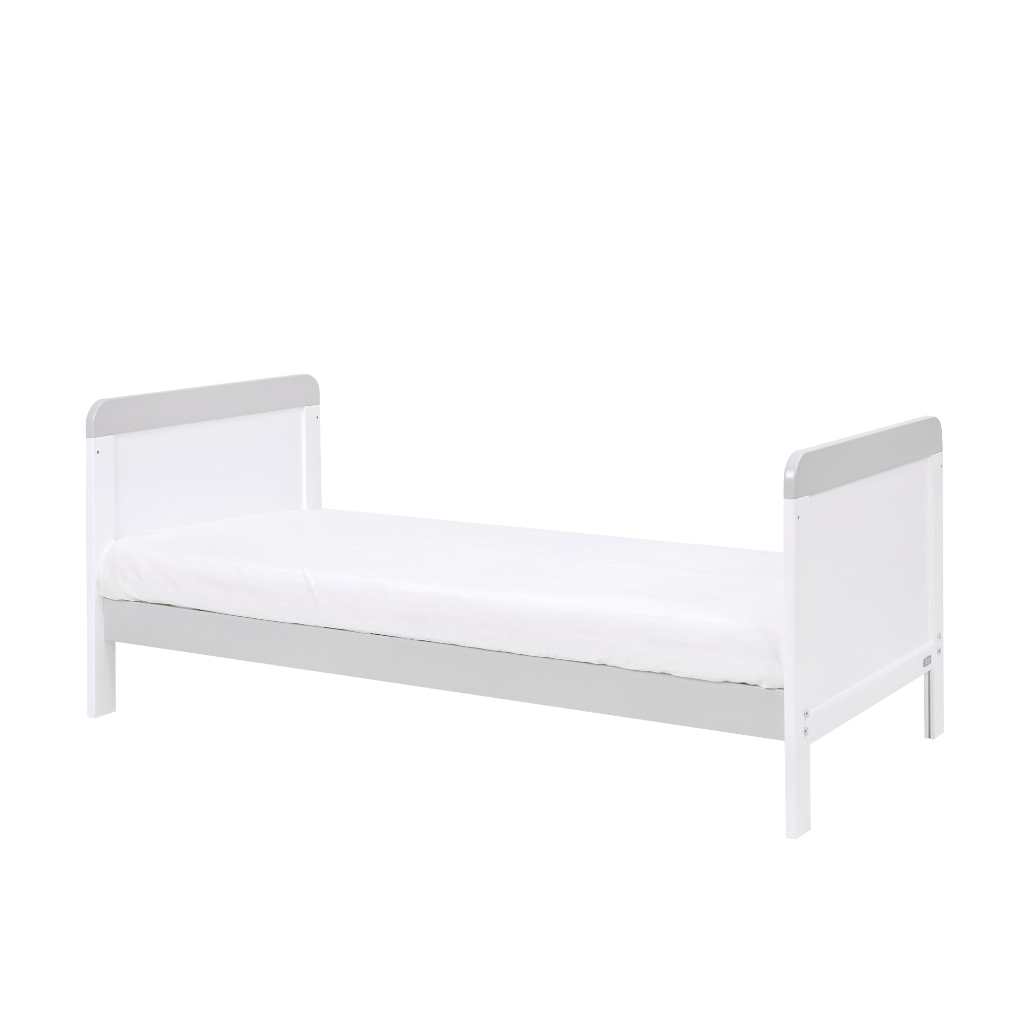 The Rio cot bed converted to toddler bed mode in a white and dove grey finish. Shown with both ends raised, offering a safe and stylish transition for growing toddlers.