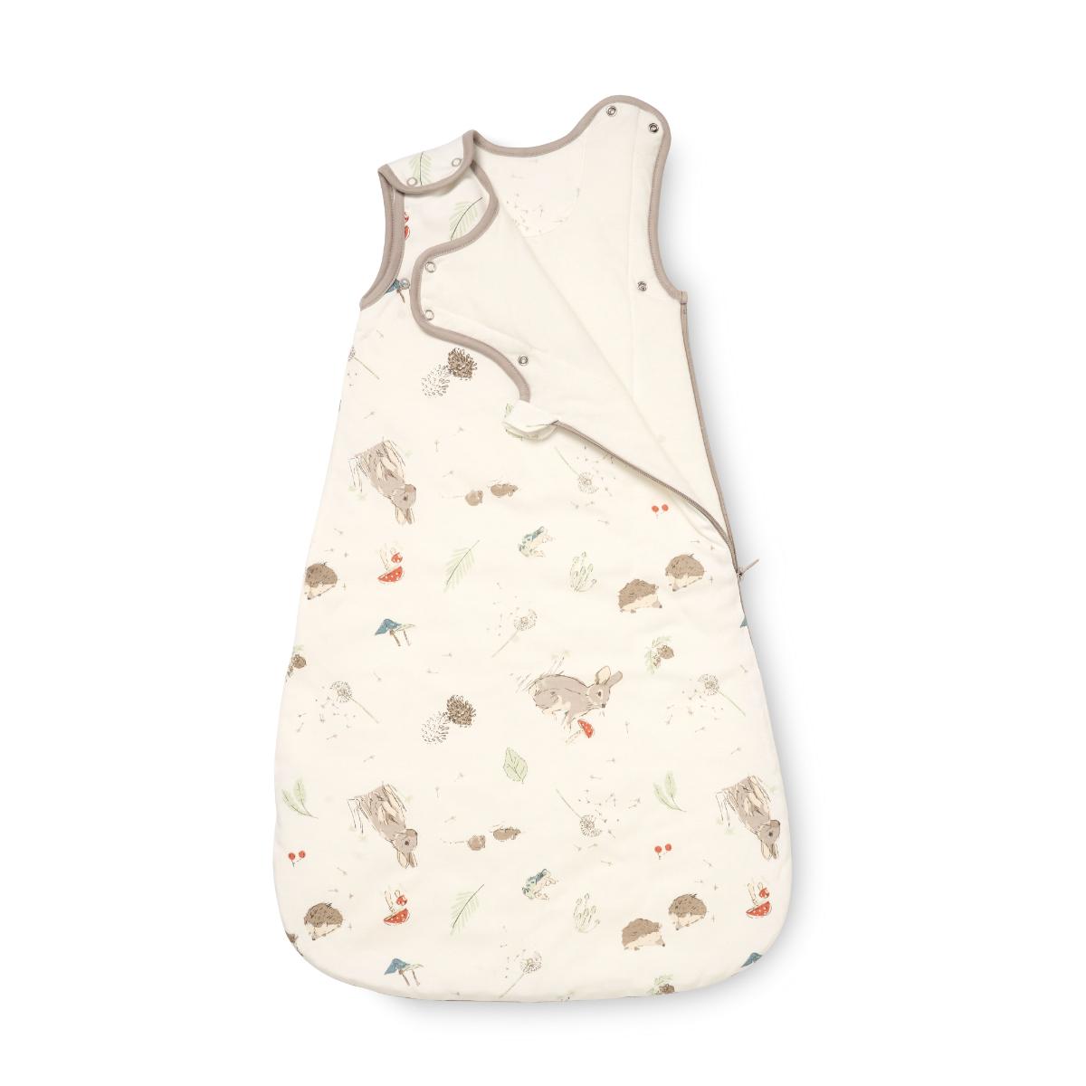 Front cutout of Cocoon baby sleep bag 0-6 months with popper and zip closure, featuring rabbits, mushrooms, and nature-themed print.