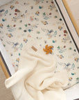 Overhead view of Our Planet bedside crib fitted sheets 2 pack, including striped and sea life print designs for playful and restful sleep