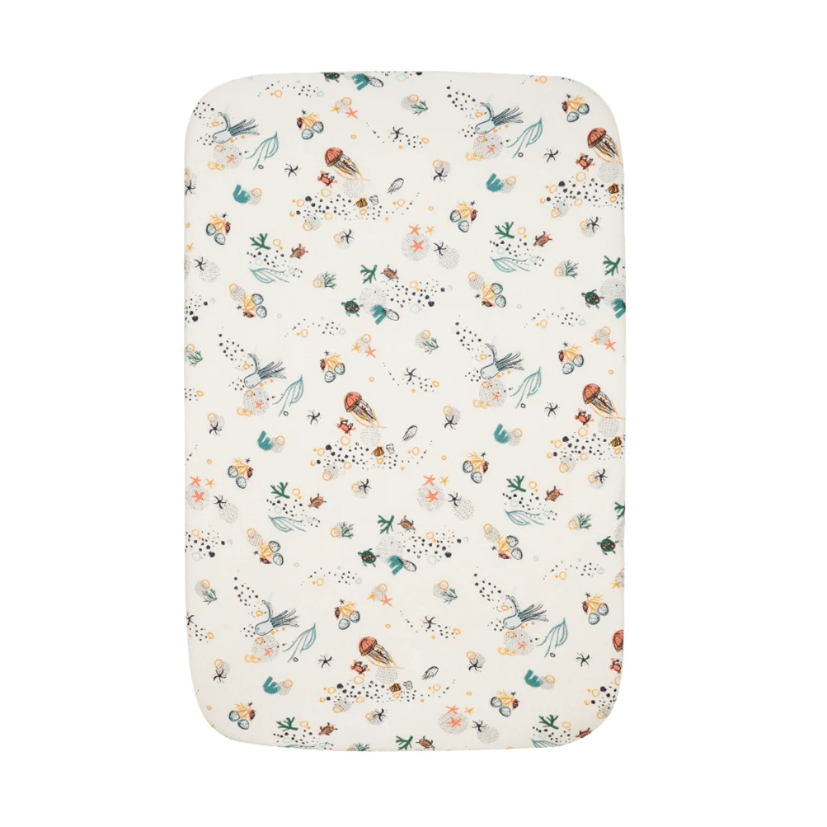 Full view of Our Planet bedside crib fitted sheet featuring ocean-inspired design with turtles, starfish, and sea plants on soft cotton
