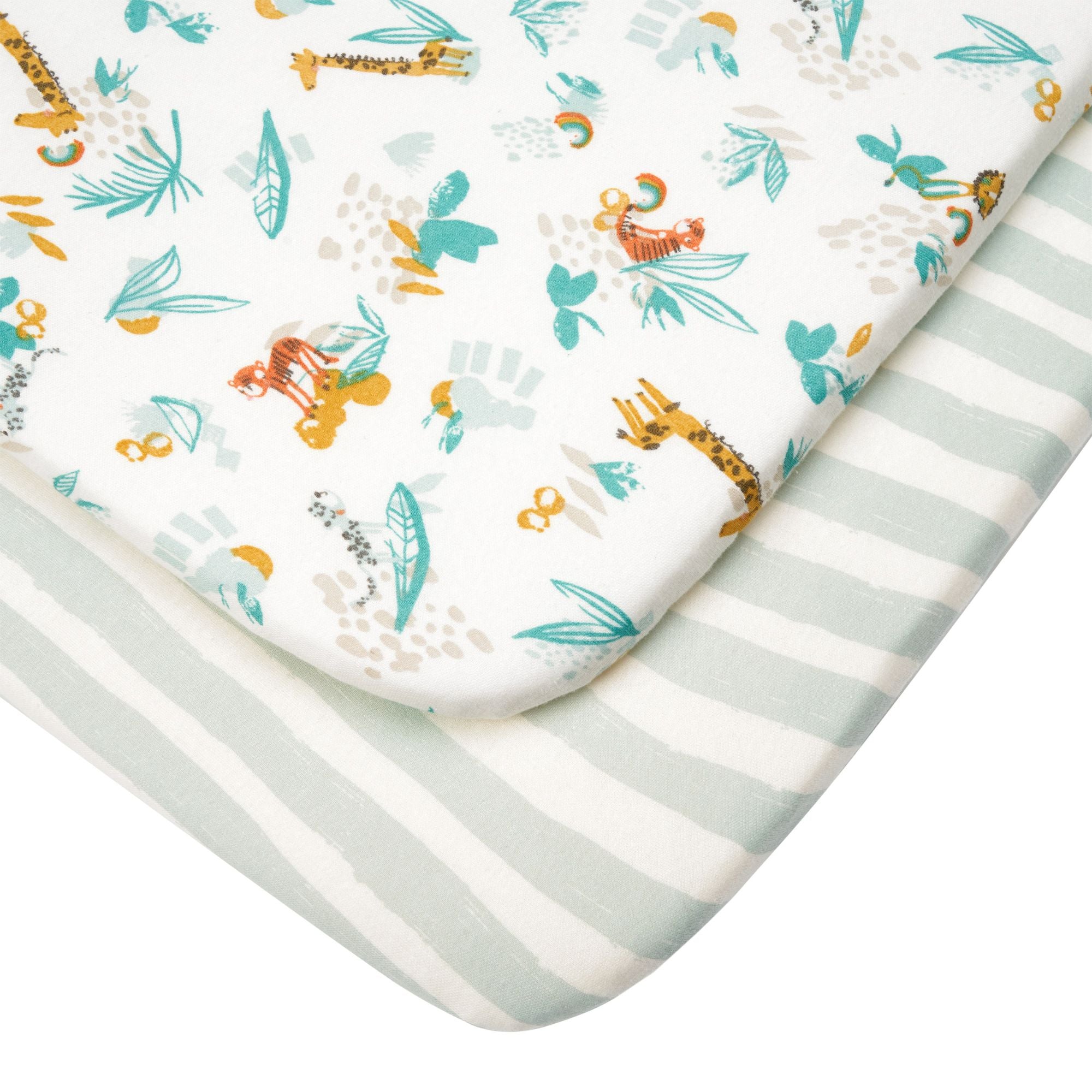 Close-up of Run Wild bedside crib fitted sheets showing playful safari print with tigers and giraffes and stripped design