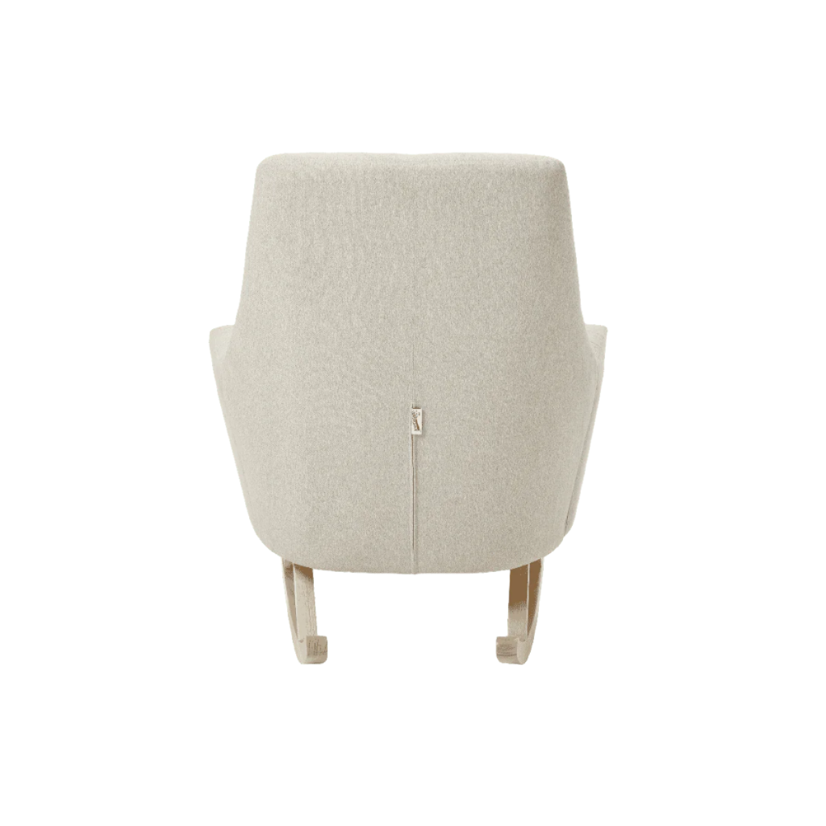 Rear view of the Jonah rocking chair in Pebble showcasing the smooth upholstered backrest and wooden rocking legs.