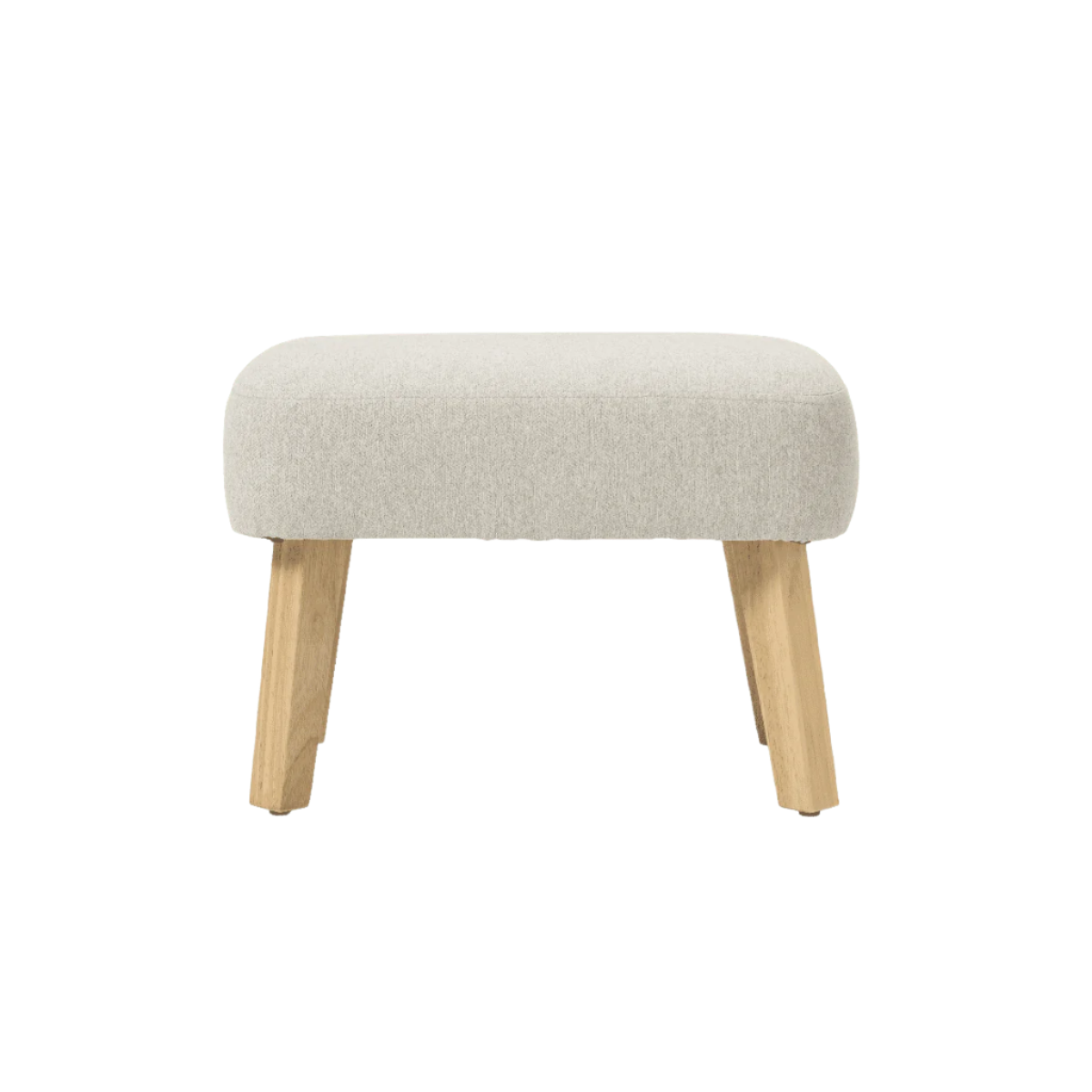 Front-facing view of the Jonah footstool in Pebble with soft upholstered seat and angled wooden legs for comfort and support.