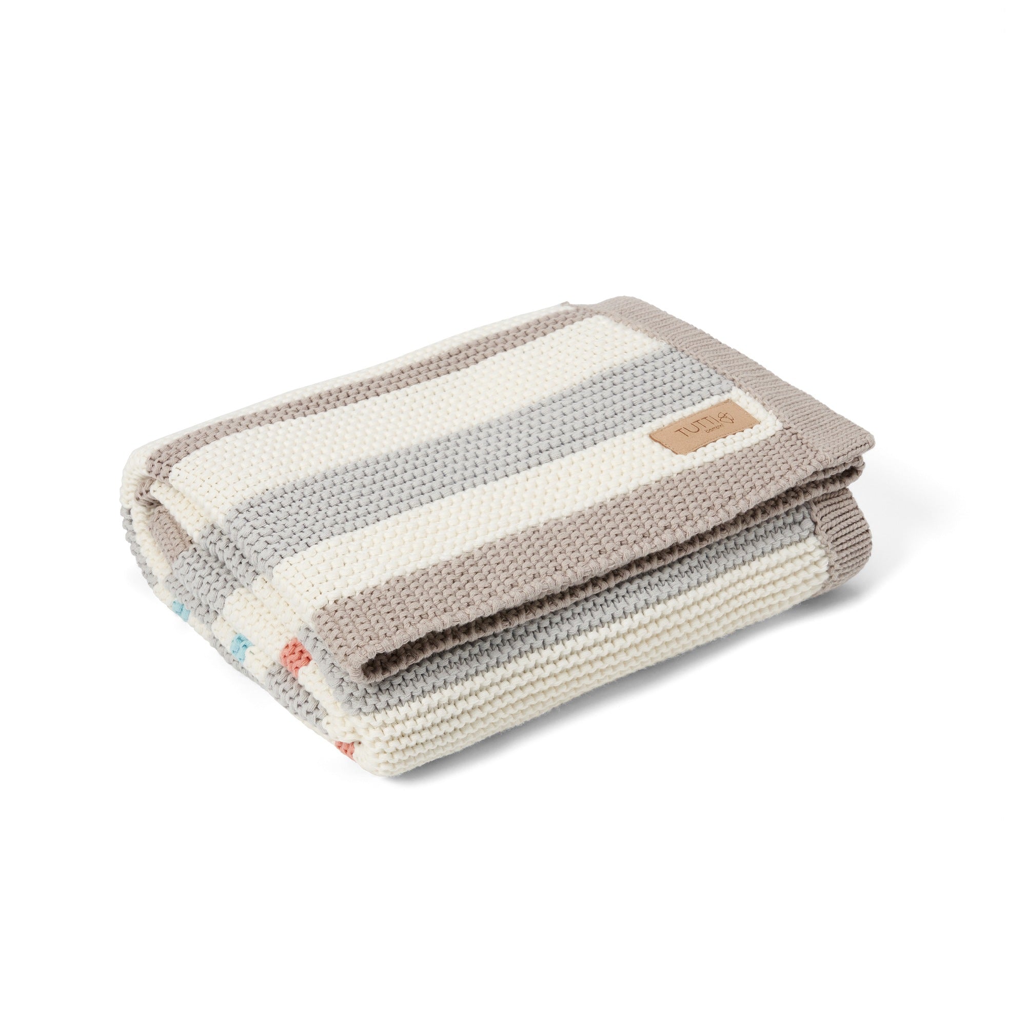Folded Cocoon chunky knitted baby blanket, soft cotton knit with grey, cream, and pastel stripes, finished with ribbed edging for durability