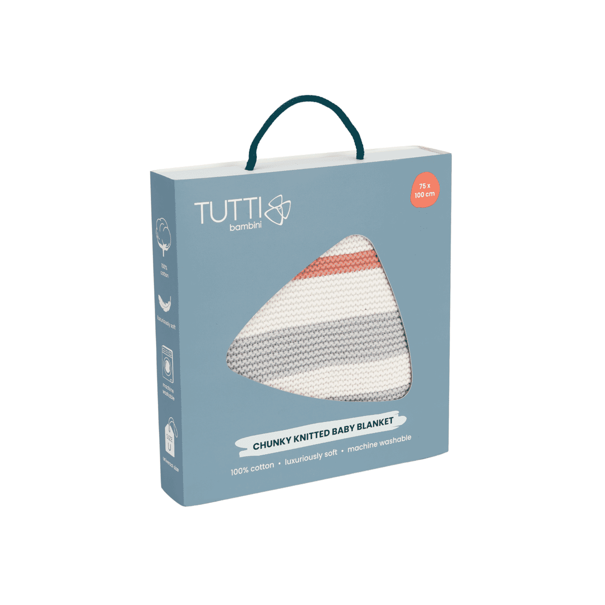 Packaged Cocoon chunky knitted baby blanket, 100% cotton with striped design, displayed in Tutti Bambini branded box with carry handle