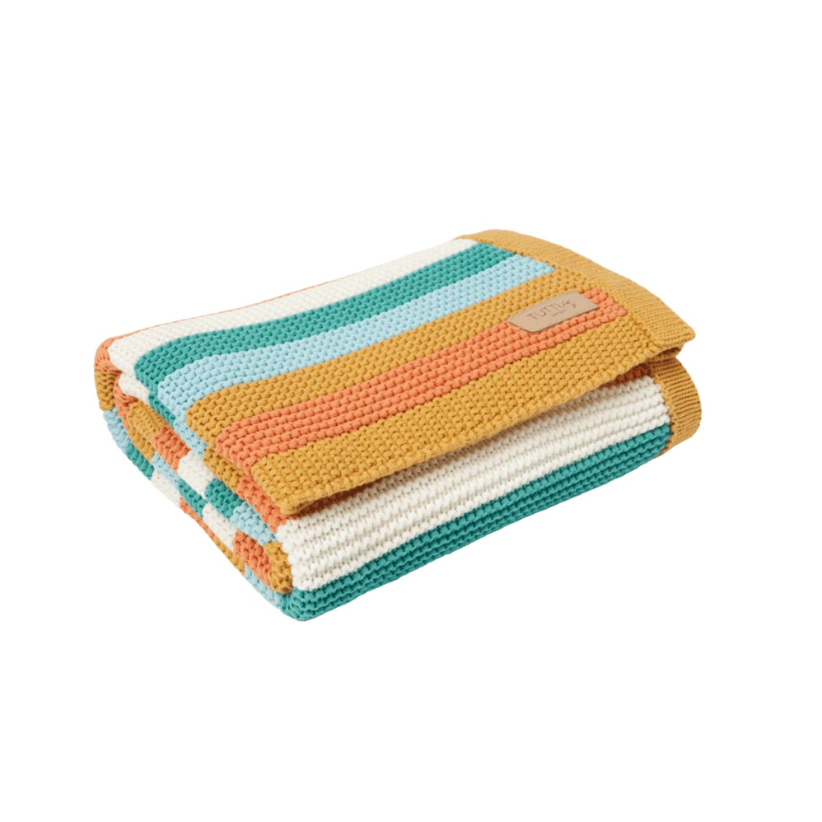 Folded Run Wild chunky knitted baby blanket, soft cotton knit with multicoloured stripes and ribbed edging for durability