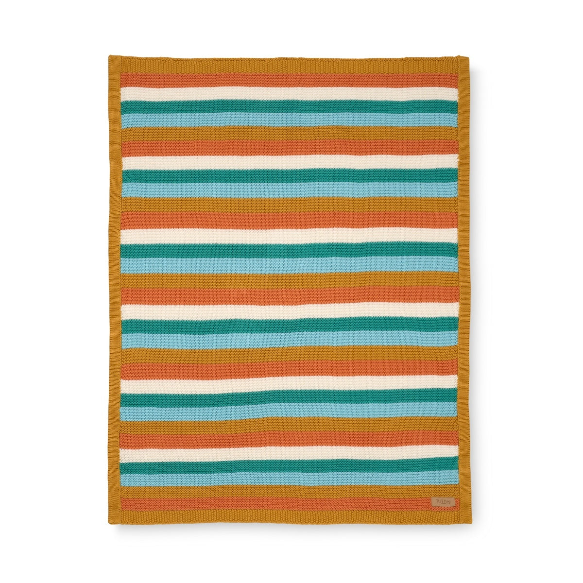 Open lay cutout of Run Wild chunky knitted baby blanket, vibrant cotton stripes in teal, orange, and cream with cosy texture
