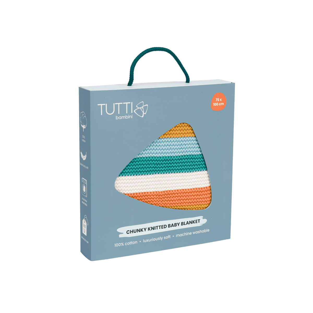 Packaged Run Wild chunky knitted baby blanket, 100% cotton with bold colourful stripes, displayed in Tutti Bambini branded box