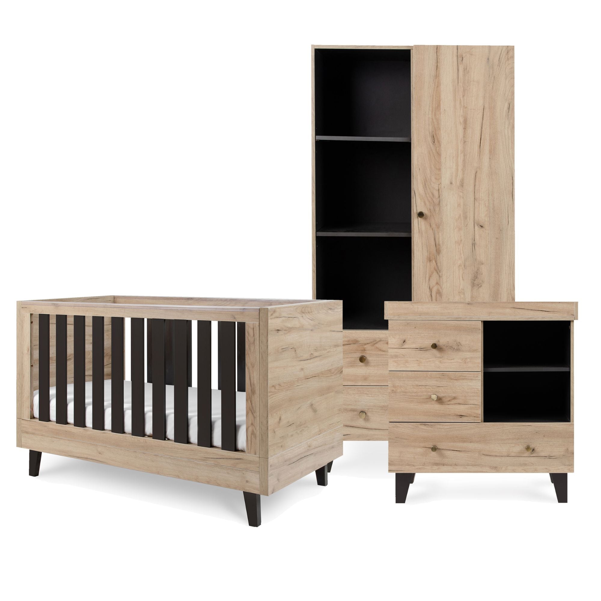 Cutout view of the Como 3 piece nursery set in distressed oak and slate grey, including cot bed, chest changer, and wardrobe