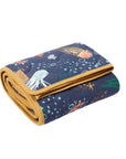 Folded cutout of Our Planet coverlet, quilted cotton layer with deep-sea prints and mustard trim for playful comfort and style