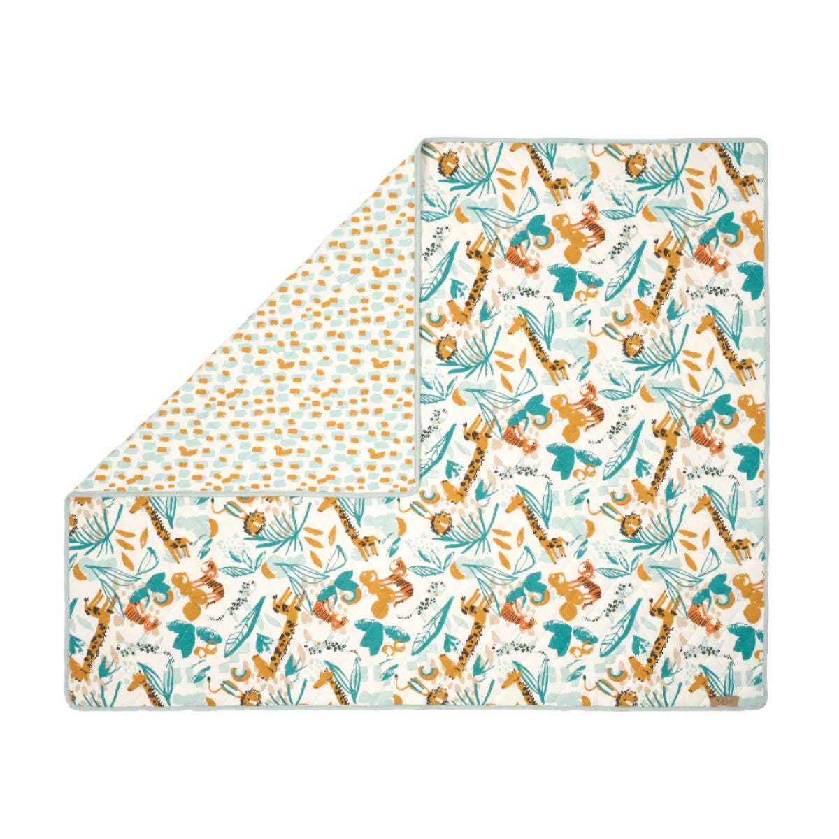 Folded corner cutout of Run Wild coverlet, reversible quilted cotton with animal-themed prints adding warmth and vibrant design