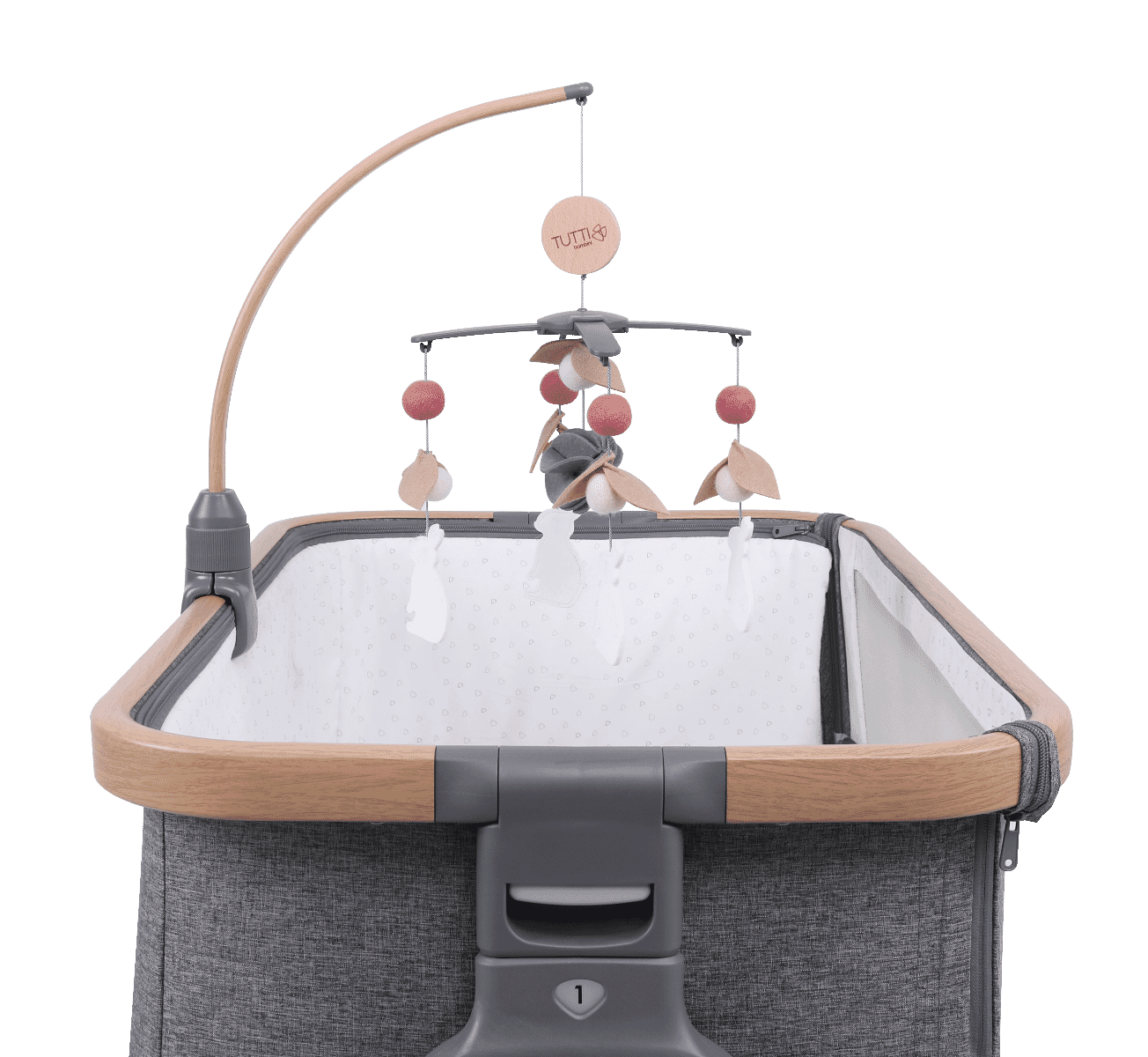 CoZee 2 in 1 Crib & Cot Mobile in Oak & Cocoon - cutout image of the mobile attached to the CoZee Bedside Crib