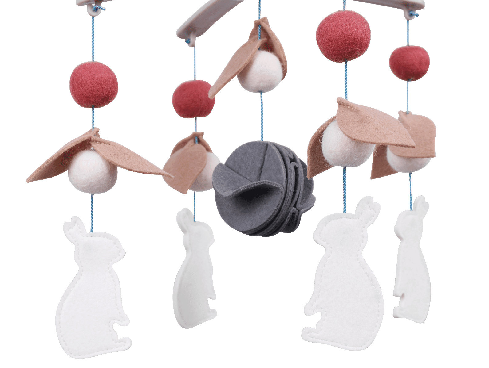 CoZee 2 in 1 Crib & Cot Mobile in Scandinavian Walnut & Cocoon - focus on the felt details of the cot mobile.