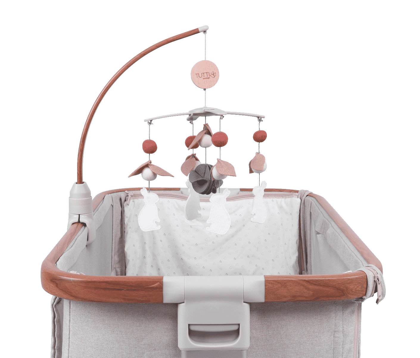 CoZee 2 in 1 Crib & Cot Mobile in Scandinavian Walnut & Cocoon - cutout image with the mobile attached to the CoZee Bedside Crib