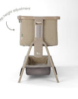 CoZee Air 2 bedside crib in soft walnut and cocoa showing 6-step height adjustment and supportive A-frame base.