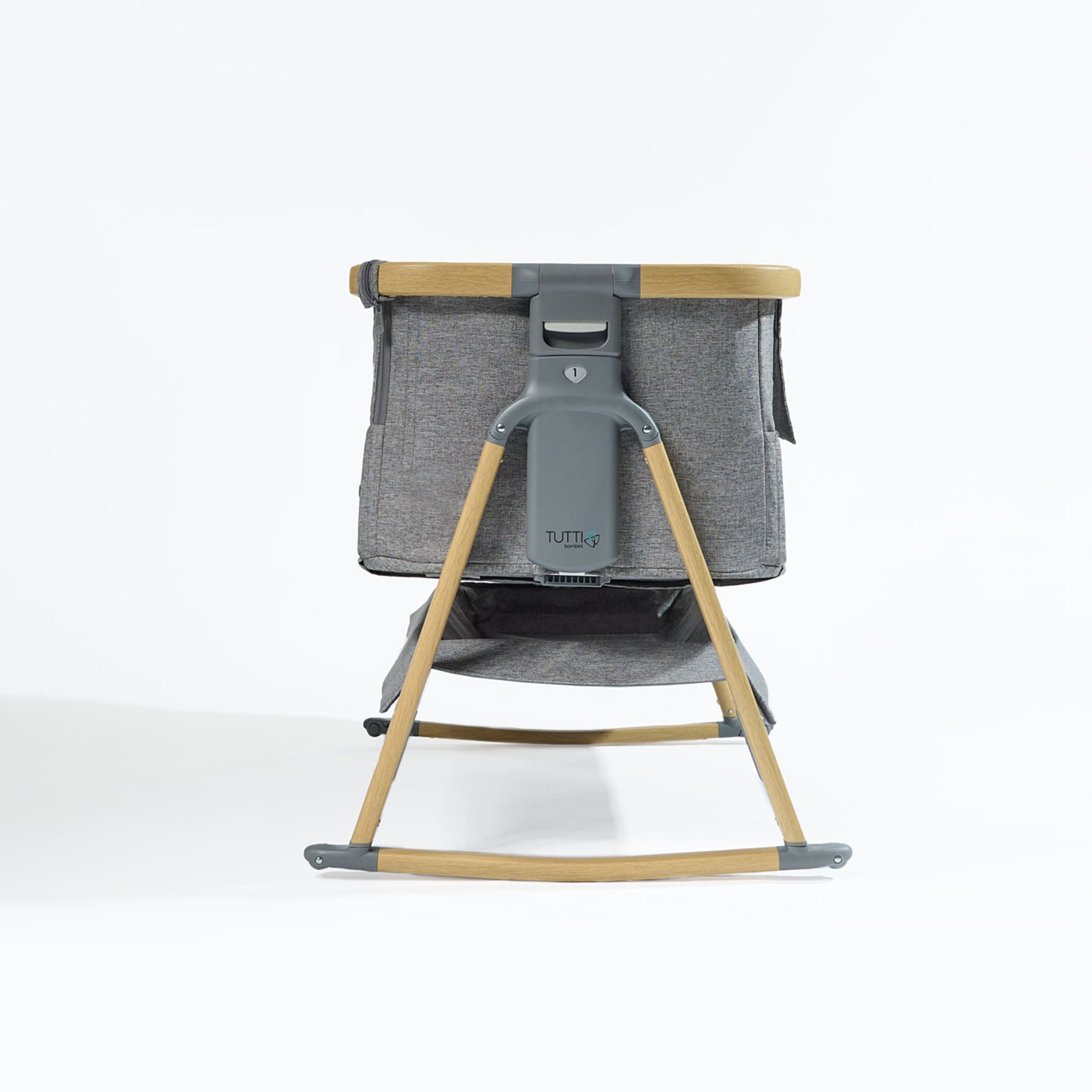 Side view of CoZee Air in Oak and Charcoal – breathable mesh, drop-side function, and curved rocking legs.