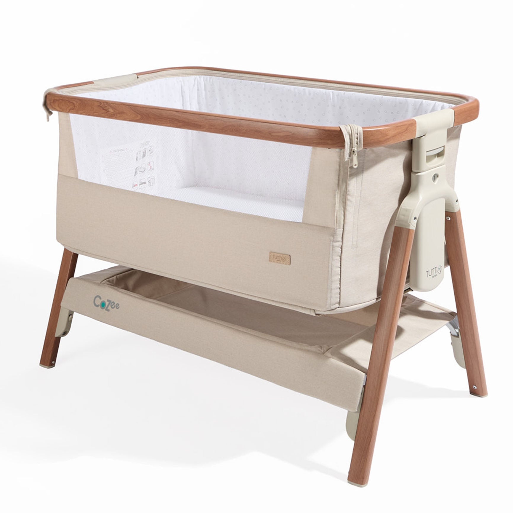 CoZee Bedside Crib Scandinavian Walnut and Ecru > under crib storage shelf for baby essentials
