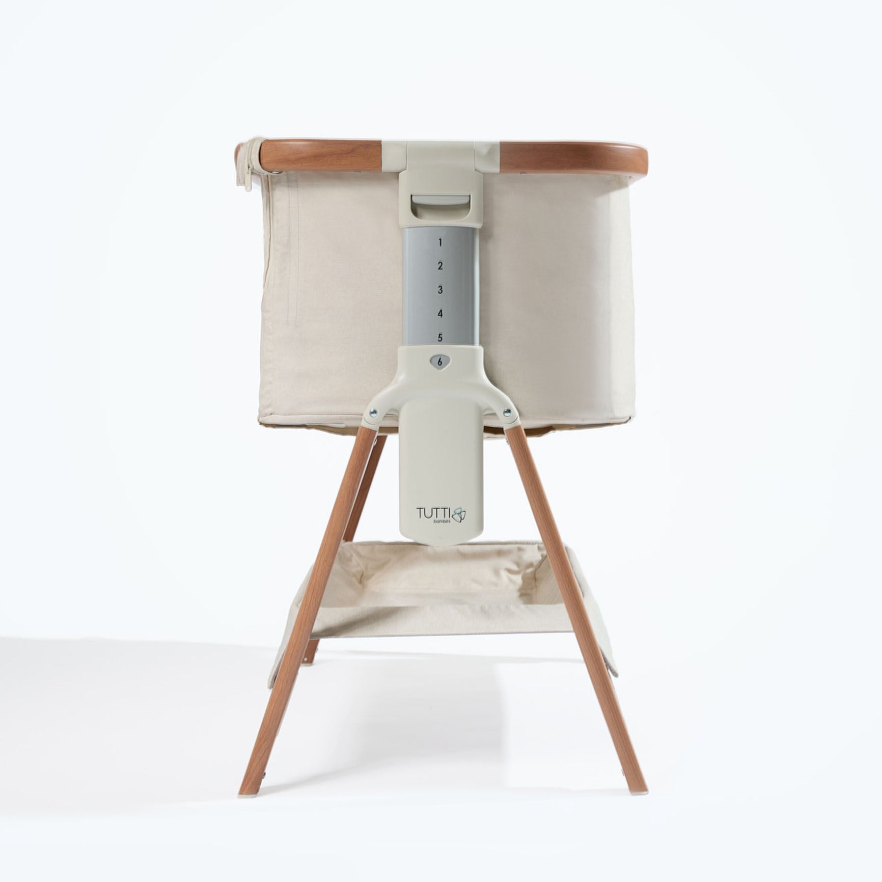 CoZee Bedside Crib Scandinavian Walnut and Ecru shown on level 6 > adjustable height positions for bedside compatibility