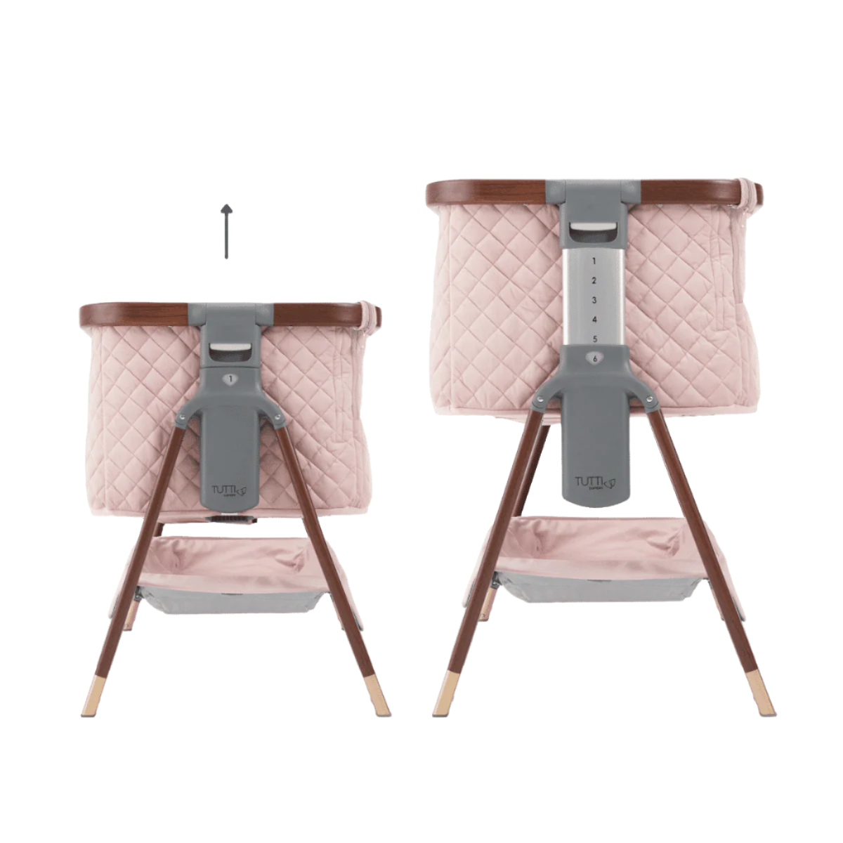Side-by-side view showing adjustable height settings on the CoZee Luxe bedside crib in walnut and blush for co-sleeping flexibility.