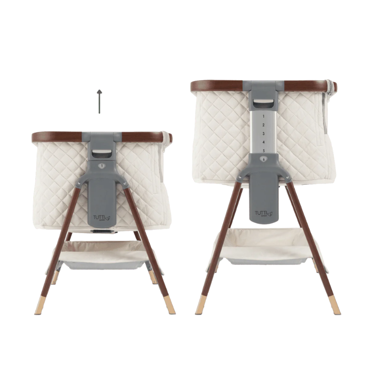 Side view showing the adjustable height settings of the CoZee Luxe crib in walnut and cream with measurement scale