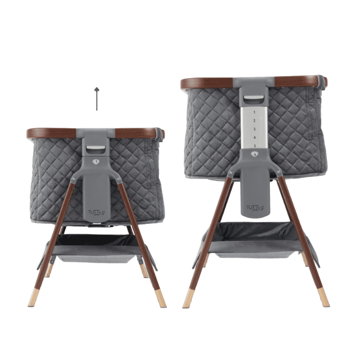 Adjustable height settings on the CoZee Luxe bedside crib in walnut and slate, offering five levels for bedside compatibility