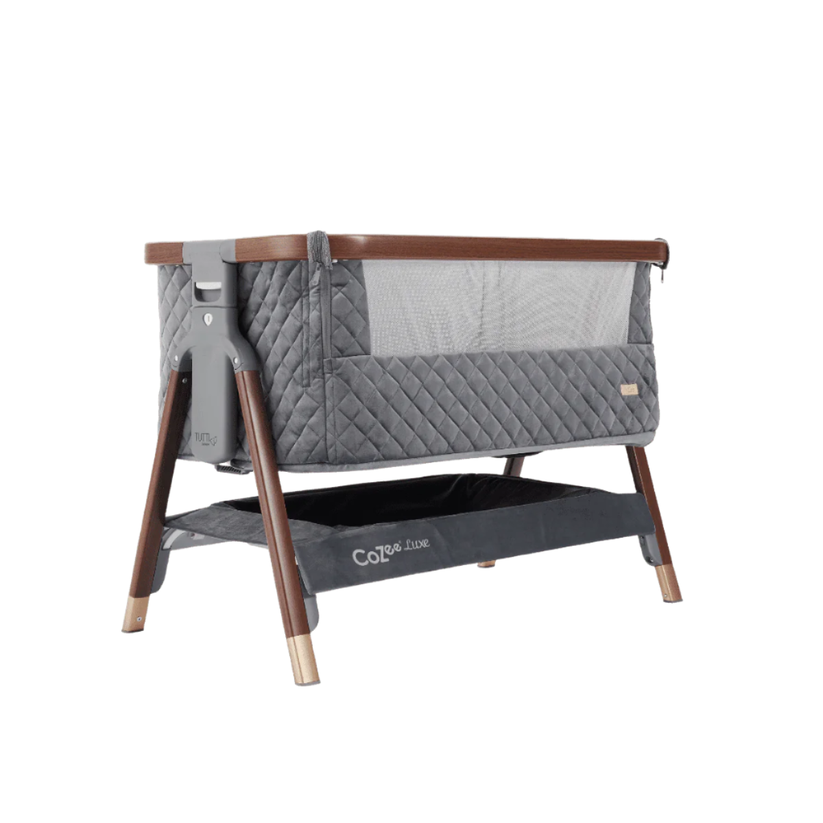 Angled cutout of the CoZee Luxe bedside crib in walnut and slate finish, showcasing compact frame and rich wood accents