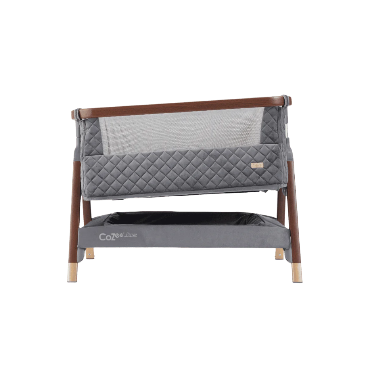 Incline mode of the CoZee Luxe bedside crib in walnut and slate, ideal for reflux relief and improved comfort during sleep