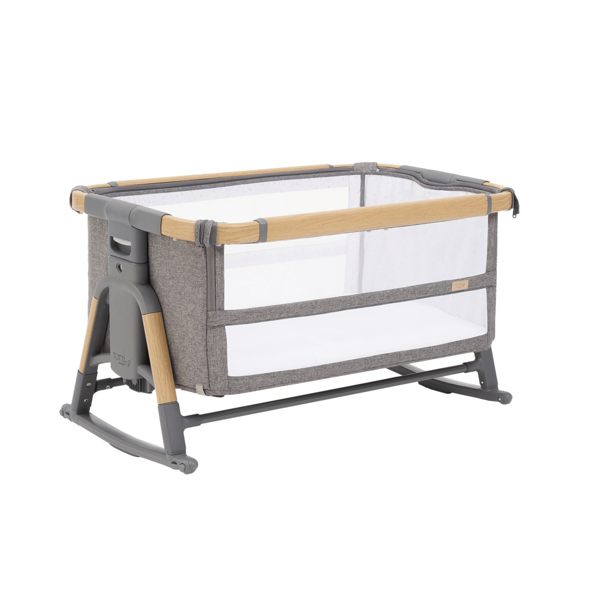 Cutout view of the CoZee XL in oak and charcoal shown in bassinet mode with rocking bars, breathable mesh sides, and grey upholstery
